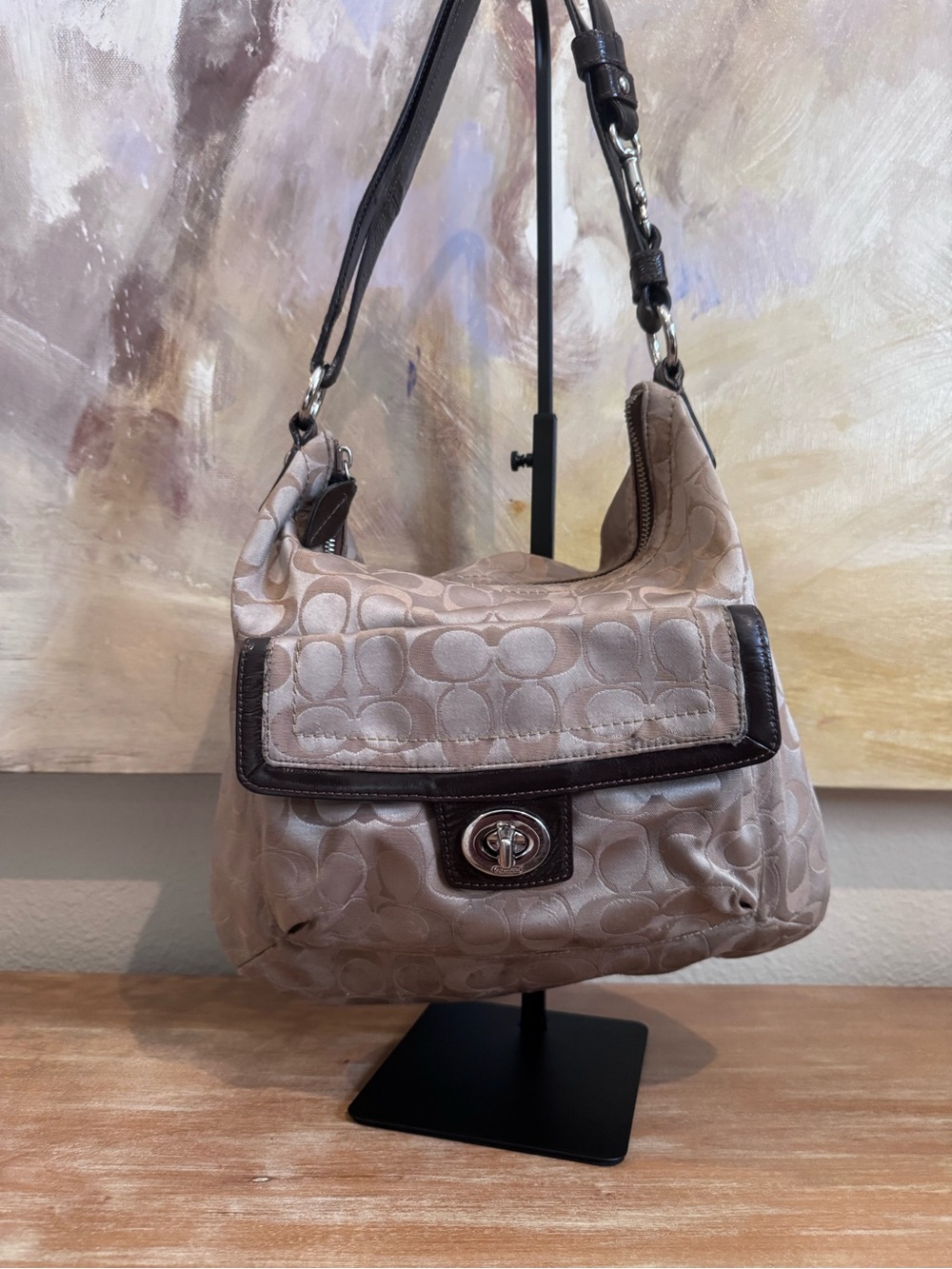 Y2K Coach Beige Signature Canvas Hobo Bag with Dark Brown Trim